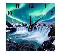 Square Wall Clock The Northern Lights Godafos Is A Waterfall in Iceland Silent Non-Ticking Clock 12 Inch, Battery Operated Accurate Landscape/Cityscape Farmhouse/Home/Office Decor