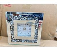Square Wall Clock With Mirrored Surface And Crushed Design - Luxury Diamante Beaded Silver Metal Frame, Roman And Numer For Home, Office, Living Room, And Bedroom Decoration- 14x14cm (Roman Number)