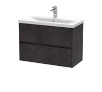 Square Wall Hung 2 Drawer Vanity Unit & Ceramic Basin, 800mm - Textured Matt Metallic Slate