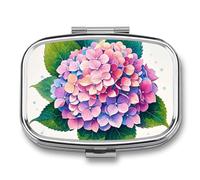 Square Watercolor Hydrangea Pill Box Small Pill Case with 2 Compartment Portable Metal Medicine Organizer Mini Travel Medicine Vitamin Supplement Container for Pocket Purse
