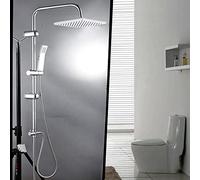 Square Waterfall Bath Shower System, Modern Shower Mixer Kit with Riser Rail Kit Dual Rainfall Shower Heads Handset, Anti Scald, Single Lever Easy to Use, Chrome