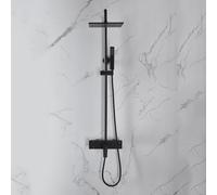 Square Waterfall Shower Head with Hose Set Hot and Cold Brass Wall Mounted Shower Riser Rail Kit Rainfall Head Black