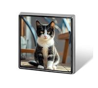 Square White And Black Kitten Sitting Brooch Classic Mini Pin 0.7 Inch Aluminum Alloy Lapel Pin Personalized Button Badge for Backpack Hat Suit Jacket Clothing Decoration