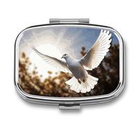 Square White Dove Flying in The Sun Pill Box Small Pill Case with 2 Compartment Portable Metal Medicine Organizer Mini Travel Medicine Vitamin Supplement Container for Pocket Purse