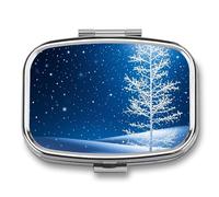 Square White Snowflakes are Falling Pill Box Small Pill Case with 2 Compartment Portable Metal Medicine Organizer Mini Travel Medicine Vitamin Supplement Container for Pocket Purse