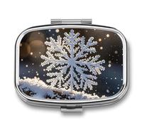 Square White Snowflakes Pill Box Small Pill Case with 2 Compartment Portable Metal Medicine Organizer Mini Travel Medicine Vitamin Supplement Container for Pocket Purse