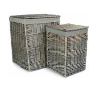 Square Wicker Laundry Basket Set of 2, Grey Sage Lining, Antique Wash Finish, 35x50x34cm and 46x61x46cm