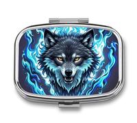 Square Wolf Head in Blue Flames Pill Box Small Pill Case with 2 Compartment Portable Metal Medicine Organizer Mini Travel Medicine Vitamin Supplement Container for Pocket Purse