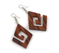 Square Wood Hook Earrings - 65mm Long - Dark Brown Boho-Inspired Style