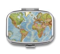 Square World Map Pill Box Small Pill Case with 2 Compartment Portable Metal Medicine Organizer Mini Travel Medicine Vitamin Supplement Container for Pocket Purse