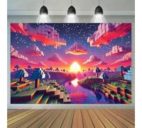 Square World Sunrise Background - Pixel Theme Birthday Banner Flag, Cake Table Photo Pavilion Party Decoration 210X150cm