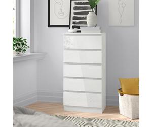 SquareBoxx Keaton Gloss White 5 Drawer Tower Freestanding Chest Of Drawers 40 X 107.5 X 60Cm D X H X W