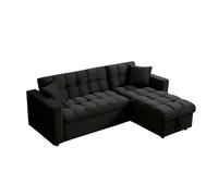 SQUAREBOXX Madrid Velvet 3 Seater Pullout Sofa Bed in Black with Reversible Storage Chaise - Right Hand Corner