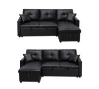 SQUAREBOXX Newport Leather 3 Seater Pullout Sofa Bed in Black with Storage Compartment