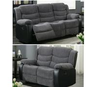 SQUAREBOXX Roma Jumbo Cord with Leather Sofa 3+2 Seater Fabric Recliner Sofa in Grey with Black - 3 Seater & 2 Seater Set