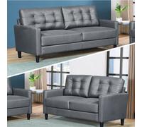 SquareBoxx Stockholm 3+2 Seater Sofa Set, Button Tufted Grey Premium Leather