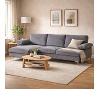 SquareBoxx Venossa L Shaped Corner Sofa With Chaise Lounge A 4 Seater Modern Fabric Sofa, Deep Seat Comfort, Plush Cushions & Chrome Legs