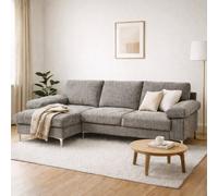 SquareBoxx Venossa L Shaped Corner Sofa With Chaise Lounge A 4 Seater Modern Jumbo Cord Sofa, Deep Seat Comfort, Plush Cushions & Chrome Legs