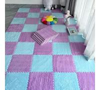 Squares Puzzle Mat100 Pieces Fluffy Jigsaw Puzzle Rug,30 Cm Interlocking Carpet Tiles,0.6 and 1 Cm Thick,Soft Anti-Slip Plush Puzzle Foam Floor Mat (Blue+purple 0.39In)