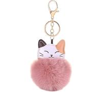SquarezhenBo Pink Cute Cat Shape Pom Pom Keychain Plush Ball Car Keychain Pendant Fluffy Keyring Charm for Women Girls Bag Purse Decor Accessories