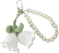 SquarezhenBo White Creative Pearl Chain Keyring With Knitted Flower Pendant Knitted Bell Orchid Keychain Charm Pearl Lanyard Key Chain Ornaments Women's Keyrings and Keychains