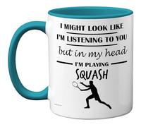 Squash Gifts - in My Head Mug - Funny Gift for Squash Lover Men Women - 11oz Premium Ceramic Dishwasher Safe Light Blue Handle Mugs Novelty Cup