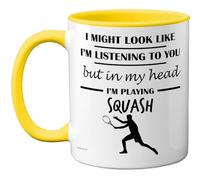 Squash Gifts - in My Head Mug - Funny Gift for Squash Lover Men Women - 11oz Premium Ceramic Dishwasher Safe Yellow Handle Mugs Novelty Cup