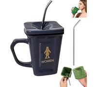 Squat Toilet Shaped Ceramic Mug with Lid and Straw, Funny Novelty Coffee Cup, Humorous Bathroom Themed Gag Gift for Office, Coworkers, Home Desk (Gray)