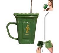 Squat Toilet Shaped Ceramic Mug with Lid and Straw, Funny Novelty Coffee Cup, Humorous Bathroom Themed Gag Gift for Office, Coworkers, Home Desk (Green)