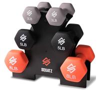 SQUATZ Dumbbells Set Hand Weights for Women, Neoprene Weights Set 1.4 kg 2.3 kg 3.6 kg with Stand - Anti-Roll Anti-Slip Grip for Home Gym, Pilates and Strength Training