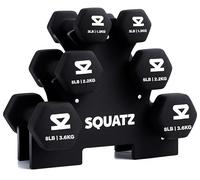 SQUATZ Dumbbells Set Hand Weights, Neoprene Weights Set 1.4 kg 2.3 kg 3.6 kg Black with Stand - Anti-Roll Anti-Slip Grip for Home Gym, Strength Training and Fitness