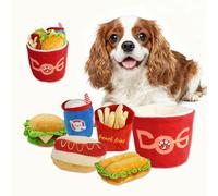 Squeaky Dog Toys 6 Pack Fast Food Crinkle Chew Toys Dog Plush Pet Toys Set: Hide Treat Bucket, Chicken Hamburg, Fries, Cola, Hot dog Interactive Stuffed Dog Toys for Medium Small Dog to Keep Busy