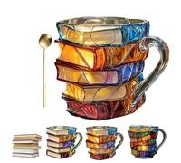 Squeeze Bookhaven Mug with Spoon, Painted Book Mug, Stacked Books Coffee Mugs for Book Lovers, Novelty Uniquebook Coffee Mugs Stained Glass (A)