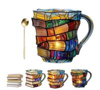 Squeeze Bookhaven Mug with Spoon, Painted Book Mug, Stacked Books Coffee Mugs for Book Lovers, Novelty Uniquebook Coffee Mugs Stained Glass (B)