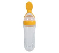 Squeeze Cereal Bottle with Dispensing Spoon, Nursing Bottle Silicone Baby Toddler Feeding Bottle, Silicone Baby Bottles Suction Cup Design(Yellow)