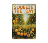 Squeeze The Day Vintage Tin Sign - Rustic Orange Grove Metal Wall Art for Kitchen, Cafe, Or Juice Bar Décor, Motivational Farmhouse Style Sign 8x12 Inch