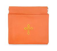 Squeeze-Top Faux Leather Rosary Pouch - Compact Orange Vinyl Case for Rosary Beads with Cross Imprint - Keeps Prayer Beads Protected for Travel - Fits Easily in Pocket, Car, Retreats & Church Use