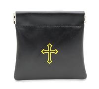 Squeeze Top Rosary Pouch Black Faux Leather with Cross Imprint