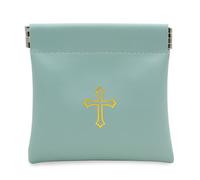 Squeeze Top Rosary Pouch Seafoam Green Faux Leather with Cross Imprint