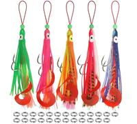 Squid Fishing Lures Set, 5pcs Soft Luminous Lifelike Squid Jigging Lures with Double Split Rings Glow in The Dark Octopus Skirt Double Assist Hook for Saltwater Freshwater (5/0)