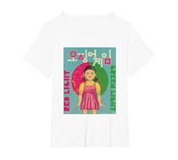 Squid Game Korean Text Logo Red Light Green Light Doll T-Shirt, Women's Plus, White, 2X