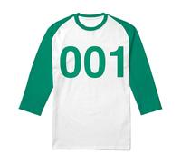 Squid Game Player 001 Unisex 3/4 Baseball T Shirt, White/Kelly, Small