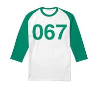 Squid Game Player 067 Unisex 3/4 Baseball T Shirt, White/Kelly, Small