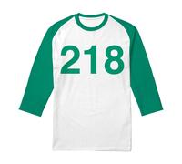 Squid Game Player 218 3/4 Baseball T-Shirt, White/Kelly Squid Game Multi M