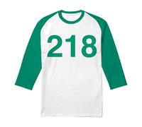 Squid Game Player 218 Unisex 3/4 Baseball T Shirt, White/Kelly, Small