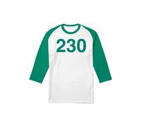 Squid Game Season Two Player 230 White 3/4 Baseball T-Shirt, White/Kelly | Size: Large Squid Game Multicolor L