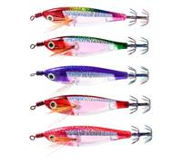 Squid Jig Hook Set for Night Shore Fishing | 5 Piece Horizontal Sinking Resin Lure with Reflective Glow Finish, Skirted Head, Double Crown Hooks