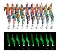 Squid Jig Luminous Fishing Lures, 5/10pcs Glow Squid Jig Lures Hard Shrimp Baits Saltwater Glow Fake Prawn Lure Sleeve for Octopus Cuttlefish (10pcs-12cm, Size 3.0#)