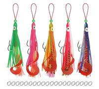 Squid Rig Fishing Lures, 5pcs Saltwater Fishing Squid Lure Rigs Kit with Double Assist Hooks Soft Octopus Skirts Teaser Tail Glow Bead Deep Sea Jigging Lures for Snapper Mackerel Tuna Striper, 7/0