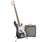 Squier by Fender Affinity P Bass Starter Pack, Maple, Black | Beginner bass bundle, Fender Rumble 15 amp & gig bag, electric bass starter kit, maple fingerboard, free virtual lessons